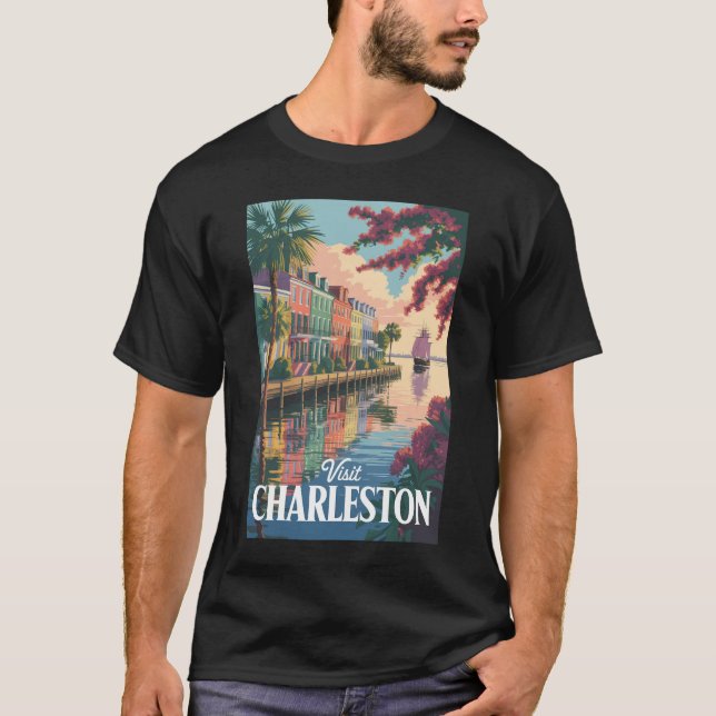 Charleston South Carolina Waterfront Illustration T Shirt (Framsida)