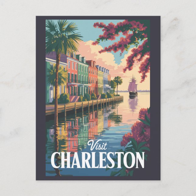 Charleston South Carolina Waterfront Illustration Vykort (Framsida)