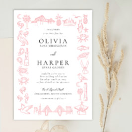 Charleston Toile Gräns i inbjudan till Rosa bröllo