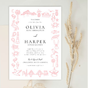 Charleston Toile Gräns i inbjudan till Rosa bröllo