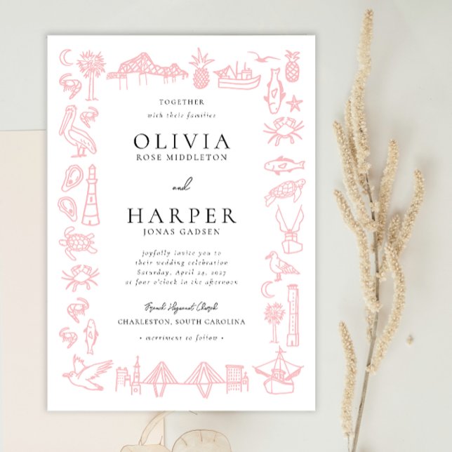 Charleston Toile Gräns i inbjudan till Rosa bröllo (Rose Pink Charleston Toile wedding invitation by Erika Firm for Zazzle)
