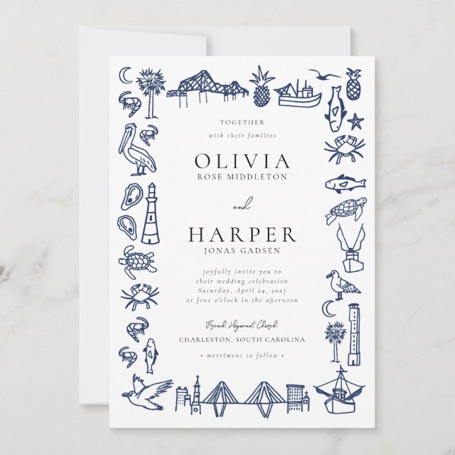 Charleston Toile Navy Blue Wedding bjudande Inbjudningar (Framsida)