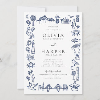 Charleston Toile Navy Blue Wedding bjudande Inbjudningar