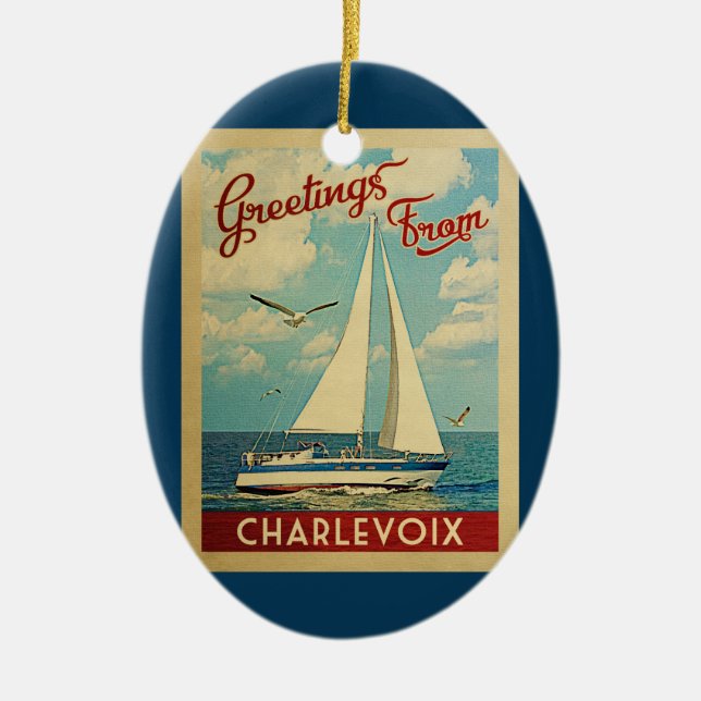 Charlevoix Sailboat Vintage resor Michigan Julgransprydnad Keramik (Framsidan)