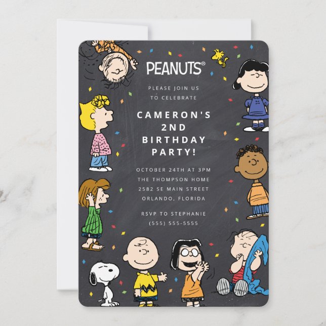 Charlie Brown & Gang Chalkboard Confetti Birthday Inbjudningar (Framsida)