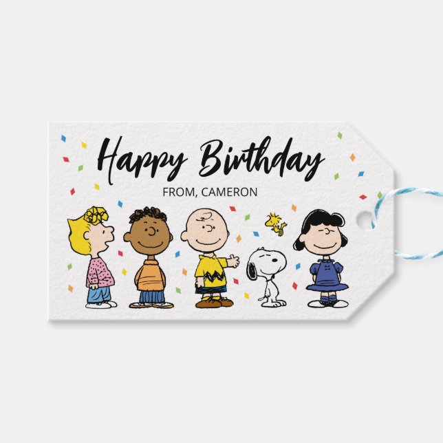Charlie Brown och Gang Confetti Birthday Presentetikett (Framsidan (Horisontell))