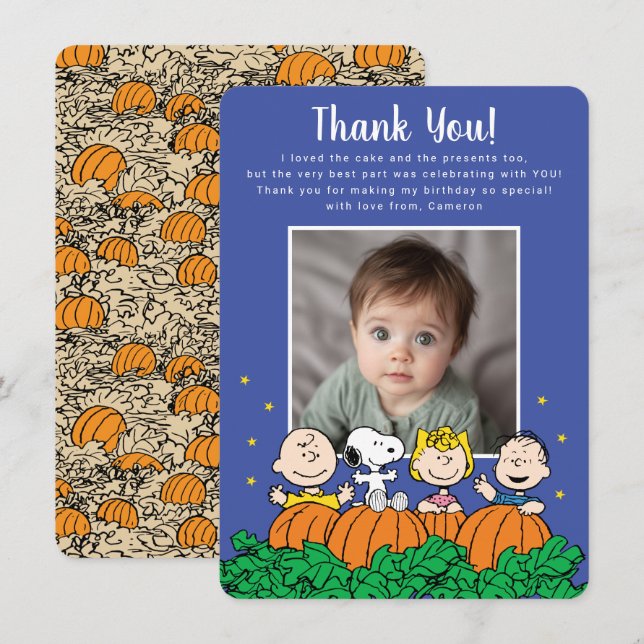 Charlie Brown och Gang Pumpkin First Birthday Tack Kort (Fram/baksida)