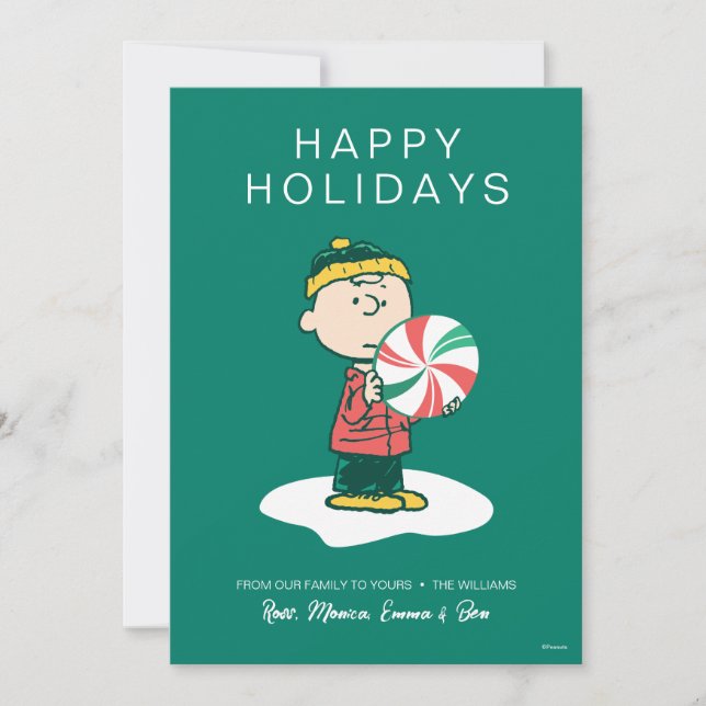 Charlie Brown Pepparmyntkonfekt Julkort (Framsida)