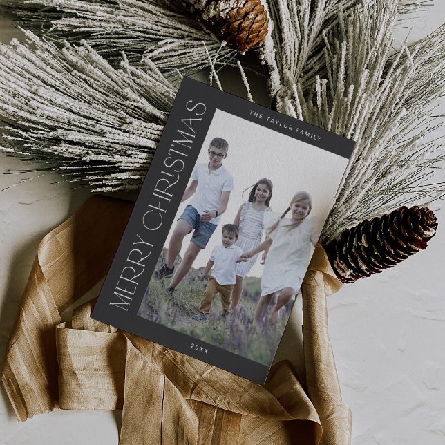 CHARLIE Grått Family Photo Boho God jul Julkort (CHARLIE Gray Family Photo Boho Merry Christmas Holiday Card)