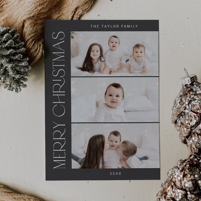 CHARLIE Grått Printable 3 Family Photo Jul Julkort (CHARLIE Gray Printable 3 Family Photo Christmas Holiday Card)