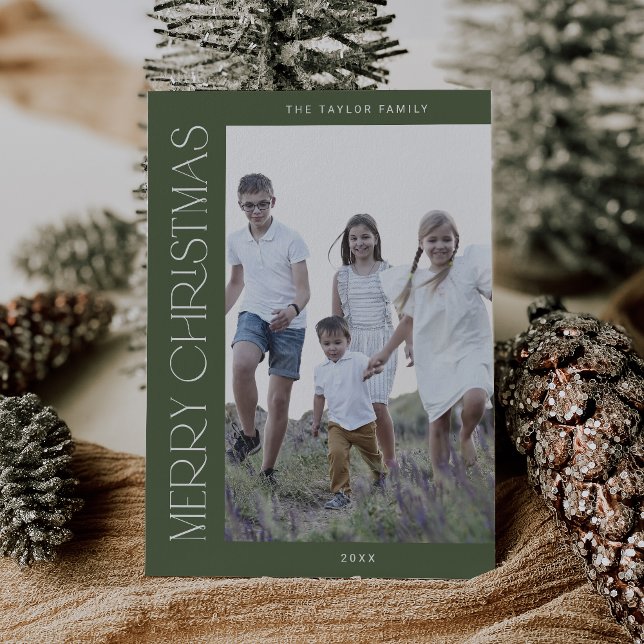 CHARLIE Grönt Family Photo Boho God jul Julkort (CHARLIE Green Family Photo Boho Merry Christmas Holiday Card)