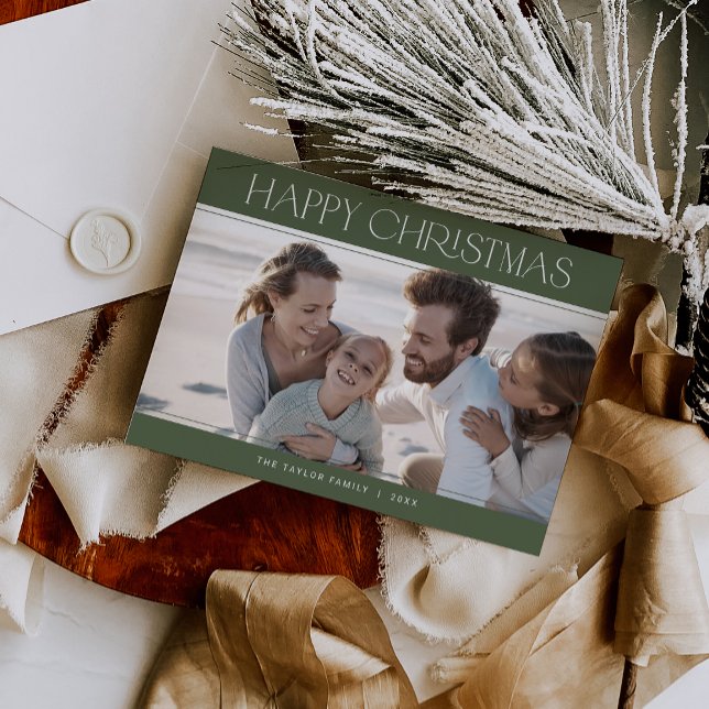 CHARLIE Grönt Modern Family Photo Lycklig jul Julkort (CHARLIE Green Modern Family Photo Happy Christmas Holiday Card)