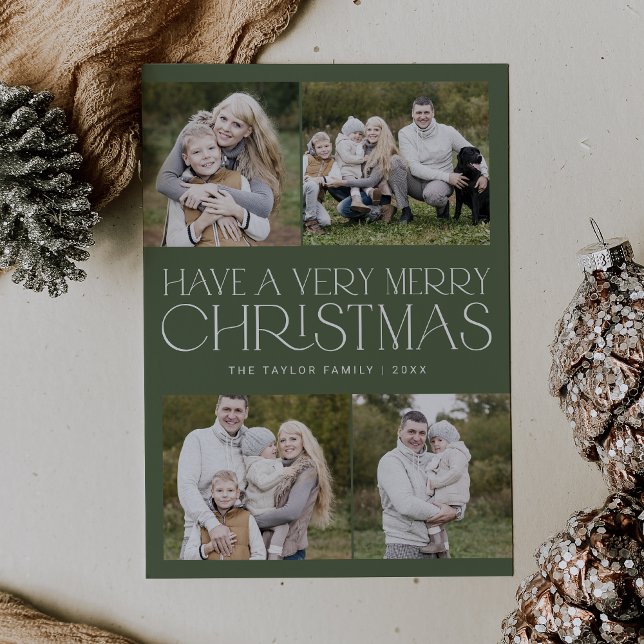 CHARLIE Grönt Simple Family Multi Photo jul Julkort (CHARLIE Green Simple Family Multi Photo Christmas Holiday Card)
