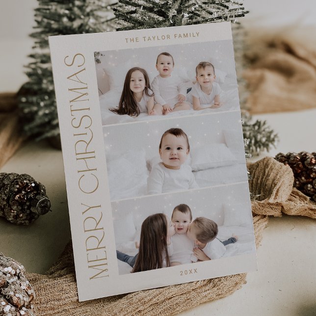CHARLIE Guld utskrivbar 3-familjens fotomoll Julkort (CHARLIE Gold Printable 3 Family Photo Christmas Holiday Card)