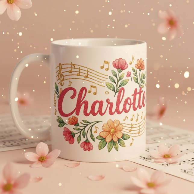 Charlotte Blommig Musiketentag Glittermugg Kaffemugg (Charlotte Floral Music Lover Glitter Mug)
