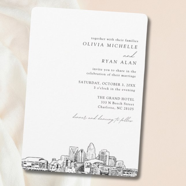 Charlotte Bröllop Elegant Skyline-inbjudan Inbjudningar (Charlotte North Carolina Wedding Invitation)