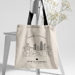 Charlotte Bröllop | Stylized Skyline Tygkasse<br><div class="desc">En unik väska från bröllop för ett bröllop som tar ställe i den vackra staden Charlotte,  North Carolina. Det här tecknet illustrerar stadens unika skylt med namn under. Detta följs av information om bröllopsdagen i ett matchande öppet,  invändigt stil.</div>