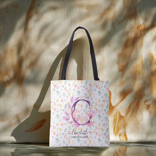 Charlotte Elegant Blommig Monogram Pastell Blomnin Tygkasse (Skapare uppladdad)