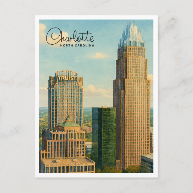 Charlotte NC Akvarell Skyline Reseskickkort Helg Vykort (Framsida)