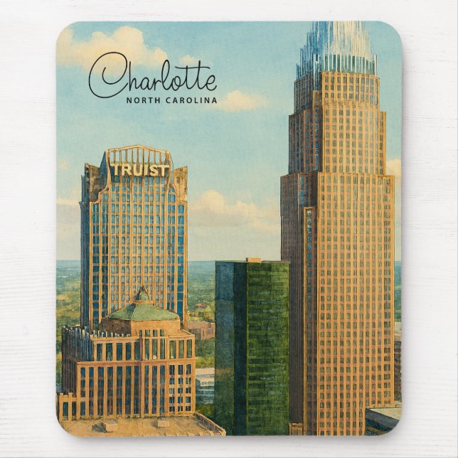Charlotte NC Akvarell Stadssiluett Resa Musmatta (Framsidan)