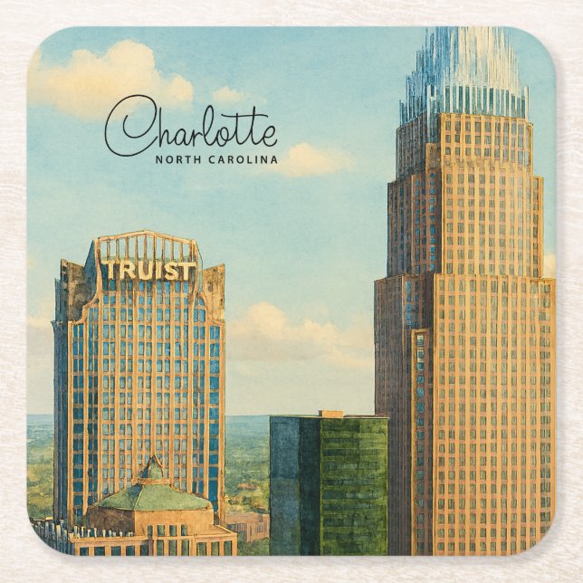 Charlotte NC Akvarell Stadssiluett Resa Underlägg Papper Kvadrat (Framsidan)
