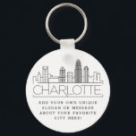 Charlotte, NC Stylized Skyline | Anpassningsbar Sl Nyckelring<br><div class="desc">En unik nyckelring som representerar Charlotte,  NC. Den här nyckelkedjan har en stiliserad illustration av stadens unika skylt med namn under. Under staden är namn en plats för din unika slogan eller påstående om din favoritstad.</div>