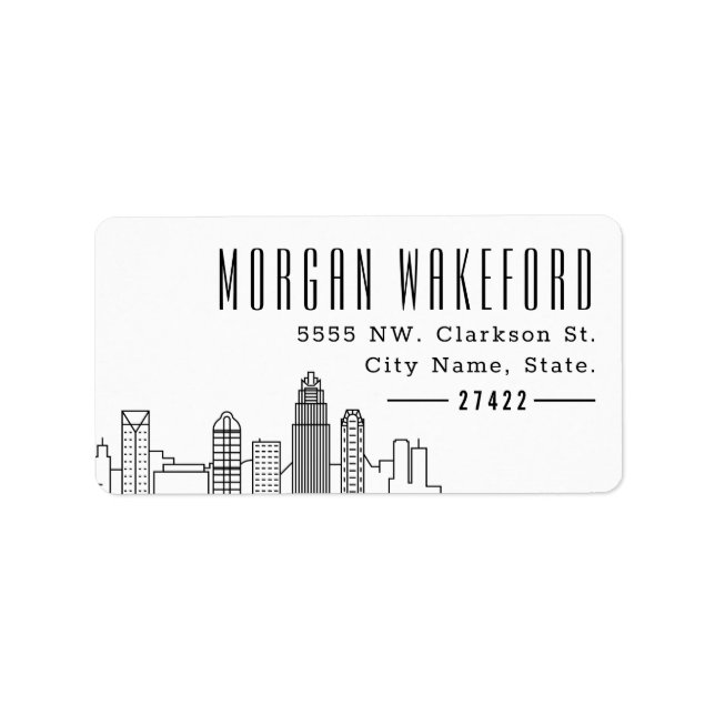 Charlotte, NC Stylized Skyline Large Label Adressetikett (Framsidan)