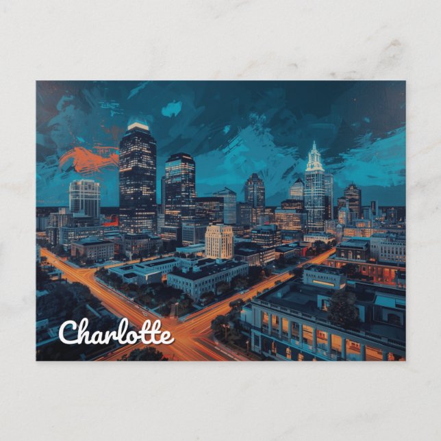 Charlotte NC Uptown Night City Art Vykort (Framsida)