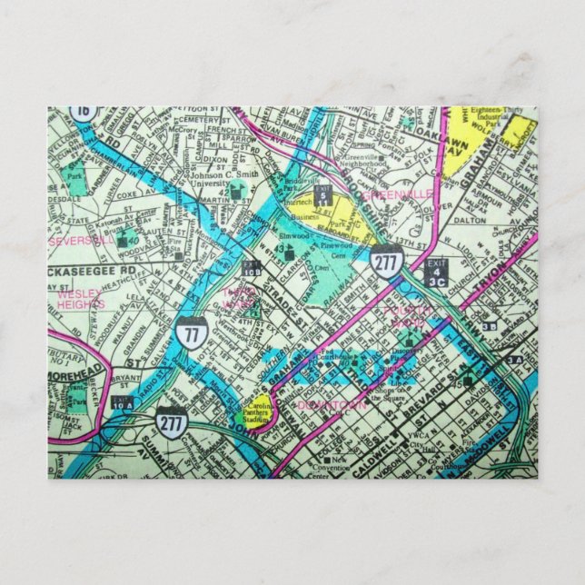 Charlotte, NC Vintage Karta Vykort (Framsida)