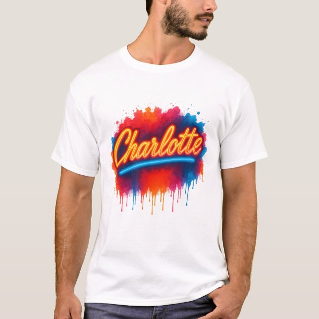 Charlotte Neon Script - Street Art Stänk Design T Shirt (Framsida)