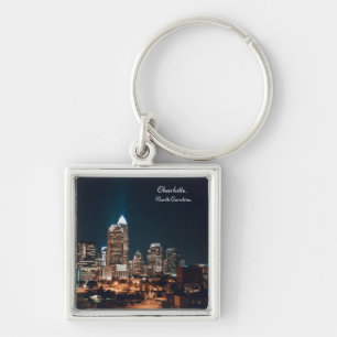 Charlotte North Carolina City Skyline Night Fyrkantig Silverfärgad Nyckelring