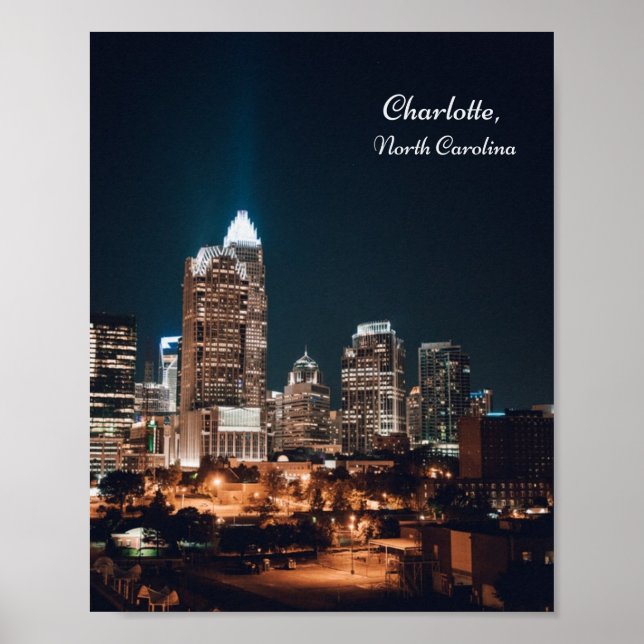 Charlotte North Carolina City Skyline Night Poster (Framsidan)