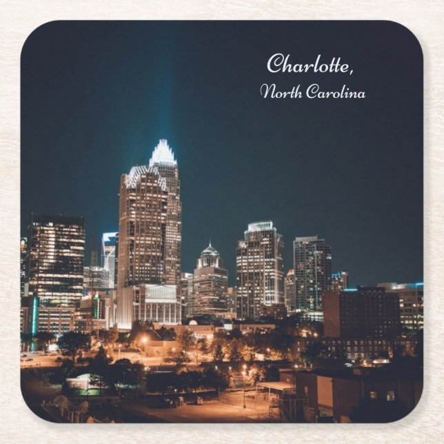 Charlotte North Carolina City Skyline Night Underlägg Papper Kvadrat (Framsidan)