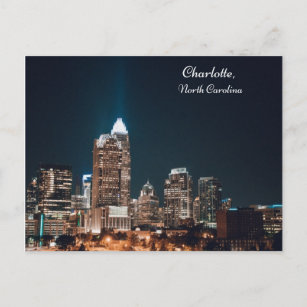 Charlotte North Carolina City Skyline Night Vykort