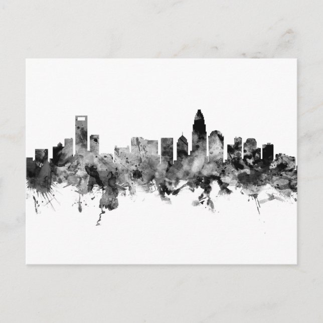 Charlotte North Carolina Skyline Black White Vykort (Framsida)