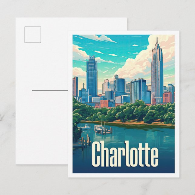 Charlotte North Carolina USA Travel Illustration Vykort (Fram/baksida)
