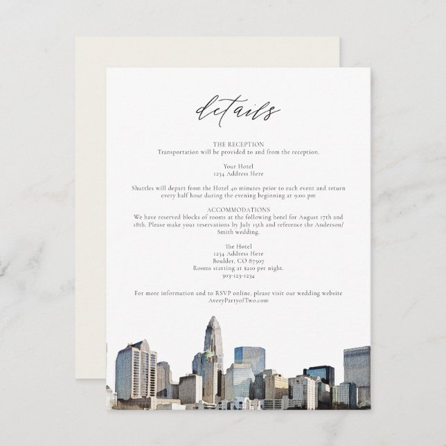 CHARLOTTE NORTH CAROLINA Wedding Details Card Inbjudningar (Fram/baksida)