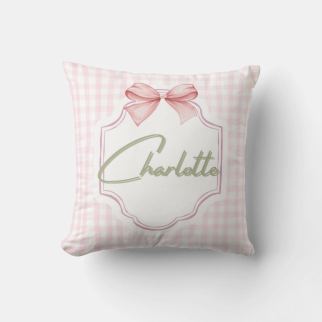 Charlotte Personlig Rosa Bow & Gingham Print Kudde (Framsida)