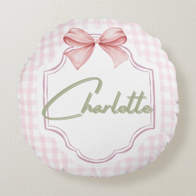 Charlotte Personlig Rosa Bow & Gingham Print Rund Kudde (Framsidan)