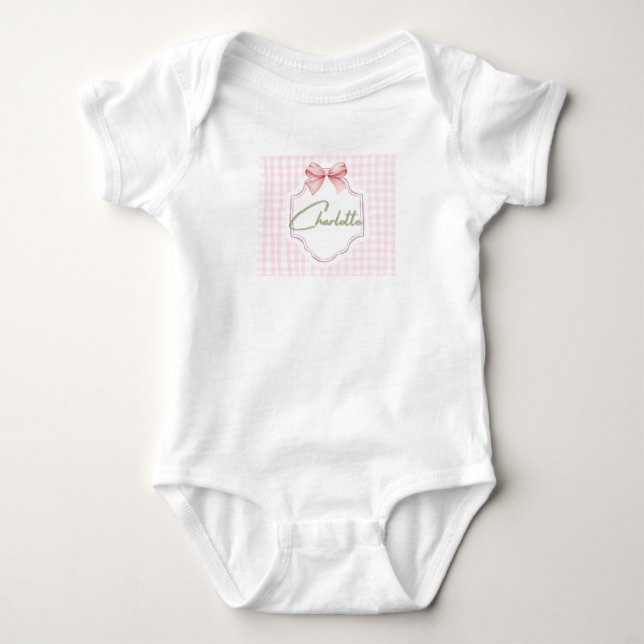 Charlotte Personlig Rosa Rosett & Ginghamtryck T Shirt (Framsida)
