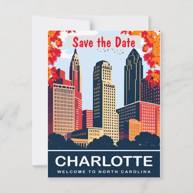 Charlotte Skyline Blå Bröllopsinbjudan Spara Datumet (Framsida)