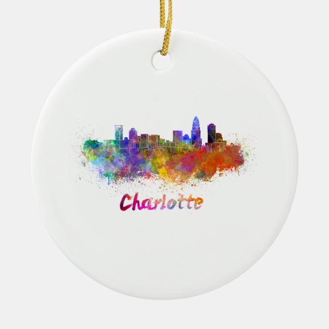 Charlotte skyline in watercolor julgransprydnad keramik (Framsidan)