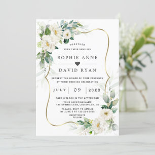 Charm Airy Greenery White Flowers Guld Bröllop Inbjudningar