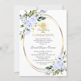 Charm Blåa blommor Boy Guld First Heliga Communion Inbjudningar
