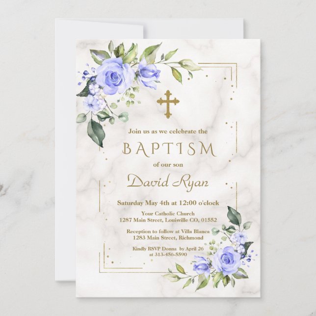 Charm Blåa blommor Guld Glitter Marble Boy Baptism Inbjudningar (Framsida)