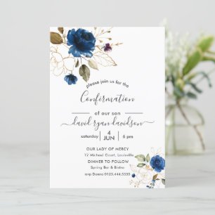 Charm Blue Guld Flowers Boy Bekräftelse Inbjudningar
