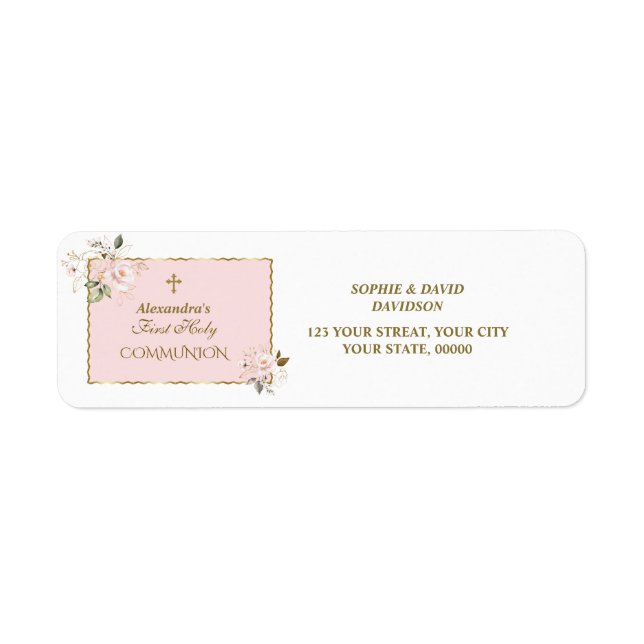 Charm Blush Pink Gold Floral Holy Communion Returadress Etikett (Framsidan)
