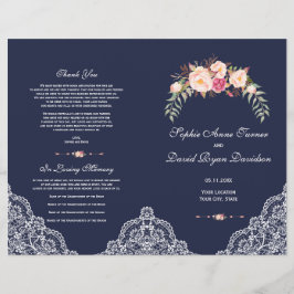 Charm Blush Rosa Blommor Spets Navy Bröllopsprogra Reklamblad