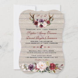 Charm Burgundy  Blommigt Antlers Barn Bröllop Inbjudningar