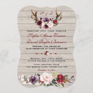 Charm Burgundy Blommigt Antlers Barn Bröllop Inbjudningar